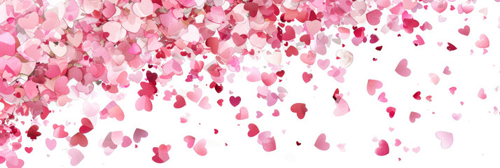 Red and pink heart love confettis. Valentine's day or mother's day gradient background. Falling transparent hearts confetti on white background.
