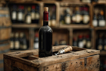 Wine background. Red wine in an old box with a corkscrew.