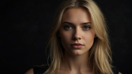 Fototapeta premium beautiful blonde woman looking at camera serious on dark plain black background from Generative AI