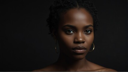 beautiful black african woman looking at camera serious on dark plain black background from Generative AI