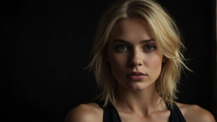 beautiful blonde woman looking at camera serious on dark plain black background from Generative AI