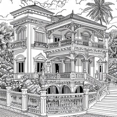 Cover for a coloring book, featuring an intricate Mediterranean style villa, detailed and inviting, ready for artistic exploration