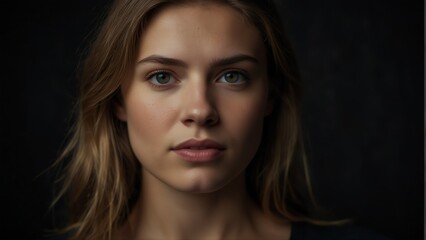 Fototapeta premium beautiful caucasian woman looking at camera serious on dark plain black background from Generative AI