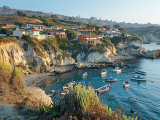 A quaint coastal village perched on cliffs overlooking the ocean, with colorful fishing boats bobbing in the harbor seaside charm Soft, diffused light bathes the village in a warm glow
