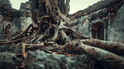 Ancient Tree Roots Overtaking Abandoned Ruins,Blending Nature and History