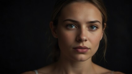 Obraz premium beautiful caucasian woman looking at camera serious on dark plain black background from Generative AI