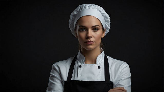 beautiful chef woman looking at camera serious on dark plain black background from Generative AI