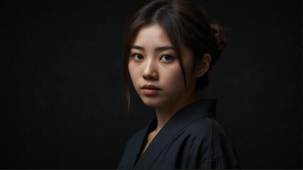 Fototapeta premium beautiful japanese girl looking at camera serious on dark plain black background from Generative AI
