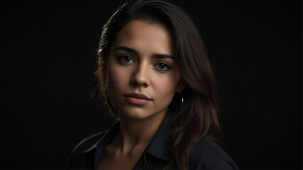 Fototapeta premium beautiful hispanic woman looking at camera serious on dark plain black background from Generative AI