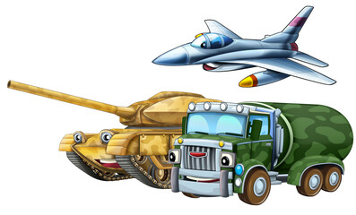 cartoon scene with two military army cars vehicles and flying jet fighter plane theme isolated background illustration for children - 786435022