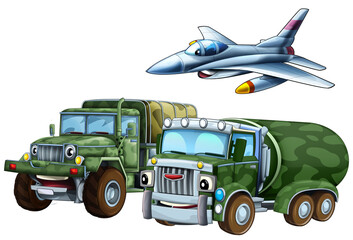 cartoon scene with two military army cars vehicles and flying jet fighter plane theme isolated background illustration for children - 786435035