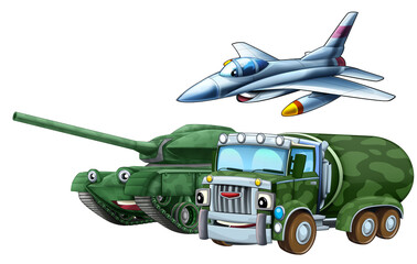 cartoon scene with two military army cars vehicles and flying jet fighter plane theme isolated background illustration for children - 786435036