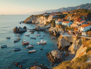 A quaint coastal village perched on cliffs overlooking the ocean, with colorful fishing boats bobbing in the harbor seaside charm Soft, diffused light bathes the village in a warm glow, enhancing