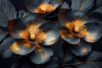 Beautiful golden flowers with black leaves isolated on a dark black background