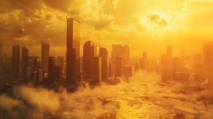 Dystopian Cityscape Under Scorching Sunlight:A Surreal Vision of Global Warming's Impact on Urban Landscapes - obrazy, fototapety, plakaty