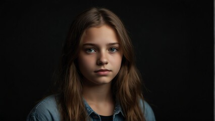 beautiful teenager girl looking at camera serious on dark plain black background from Generative AI