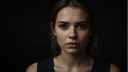 beautiful woman looking at camera serious on dark plain black background from Generative AI