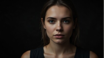 Fototapeta premium beautiful woman looking at camera serious on dark plain black background from Generative AI