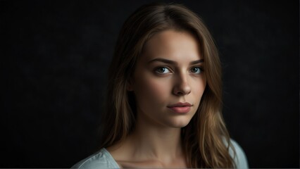 Naklejka premium beautiful woman looking at camera serious on dark plain black background from Generative AI