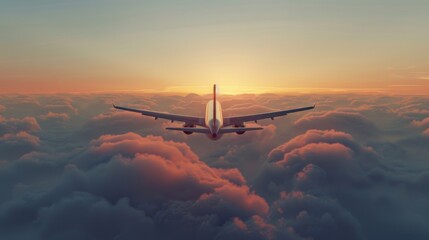 A airplane flying above the clouds at sunset,.