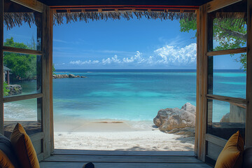 Offenes Fenster oder Tür mit Meerblick,Cocoa Island, South Male Atoll, Seychelles