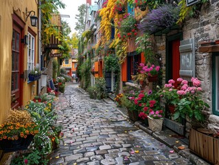 Fototapeta na wymiar A quaint cobblestone alleyway lined with historic buildings, adorned with colorful flower baskets old-world charm Soft, golden lighting bathes the scene in a nostalgic glow, evoking a sense