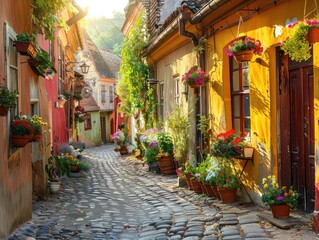 A quaint cobblestone alleyway lined with historic buildings, adorned with colorful flower baskets old-world charm Soft, golden lighting bathes the scene in a nostalgic glow, evoking a sense