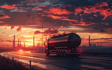 A fuel truck on the highway at sunset.