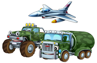 cartoon scene with two military army cars vehicles and flying jet fighter plane theme isolated background illustration for children - 786435451