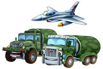 cartoon scene with two military army cars vehicles and flying jet fighter plane theme isolated background illustration for children - 786435455