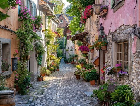 A quaint cobblestone street in an old European town, adorned with colorful flower boxes and charming cafes timeless charm Gentle sunlight bathes the scene, enhancing the romantic atmosphere