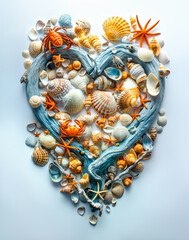 A heart-shaped array of various seashells, starfish, and a toy crab on a light background, embodying marine life and oceanic treasures