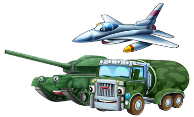 cartoon scene with two military army cars vehicles and flying jet fighter plane theme isolated background illustration for children - 786435615