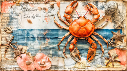 A vibrant crab takes center stage on an antique nautical map, accompanied by starfish and shells, capturing the essence of maritime exploration
