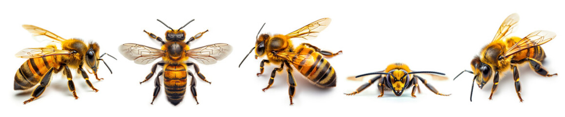 Set of different angle view of honey bees with its wings spread out, isolated on white background