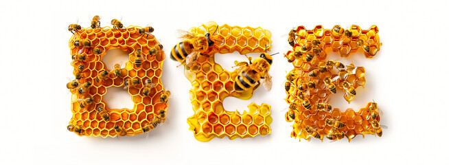 Honey bees are hovering over a honeycomb that spells out the  word "BEE". May 20, World bee day concept
