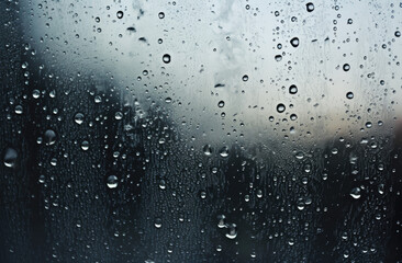 Black and Grey background with transparent glass and raindrops, creating a captivating scene of elegance and tranquility, reminiscent of a rainy day's beauty