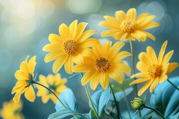 Yellow flowers with the option of tinting. Flower panorama for spring and summer. Heliopsis flowers in soft light on a blurred background for design and decoration
