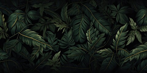 Tropical leaves in vivid colors forming a pattern on a dark background.