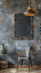 mockup poster frame hanging above chalkboard wall, near industrial metal chair, Scandinavian style living room, modern interior, hyperrealistic photography