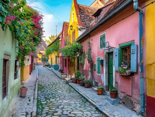 A quaint cobblestone street winding through a historic European town, with colorful buildings lining the way old-world charm Soft evening light bathes the scene, casting a warm, inviting glow over