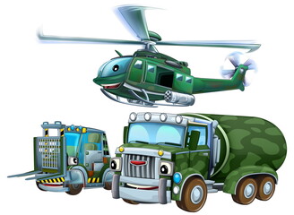 cartoon scene with two military army cars vehicles and flying helicopter theme isolated background illustration for children - 786435818