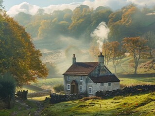 A quaint countryside cottage nestled among rolling hills, with smoke curling from its chimney on a crisp autumn morning rustic charm Soft, diffused light bathes the scene, enhancing the cozy atmospher