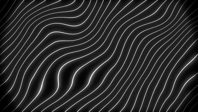 Visual white wavy line on black motion background. Turbulent wave lines background. Wave, distorted, neon, futuristic, glow.