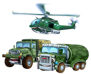 cartoon scene with two military army cars vehicles and flying helicopter theme isolated background illustration for children - 786436002