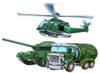 cartoon scene with two military army cars vehicles and flying helicopter theme isolated background illustration for children - 786436025
