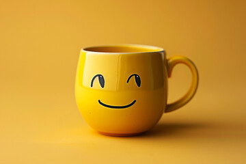 Yellow cup with sad facial expression on yellow background