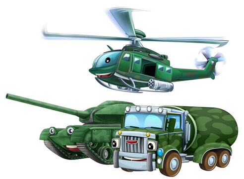 recommend clip art: cartoon scene with two military army cars vehicles and flying helicopter theme isolated background illustration for children