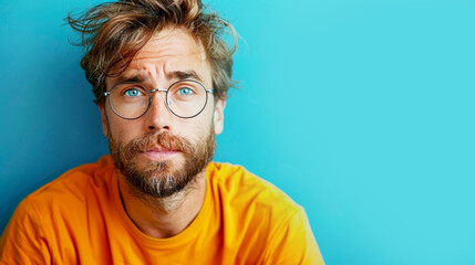 Guy is sitting at the laptop and thinking about something isolated on blue background, portrait of handsome man with glasses looking confused while working in front view, orange shirt - obrazy, fototapety, plakaty