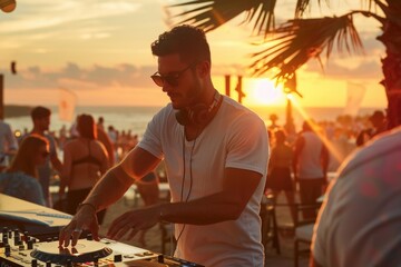 A male DJ playing music at a beach club during sunset.